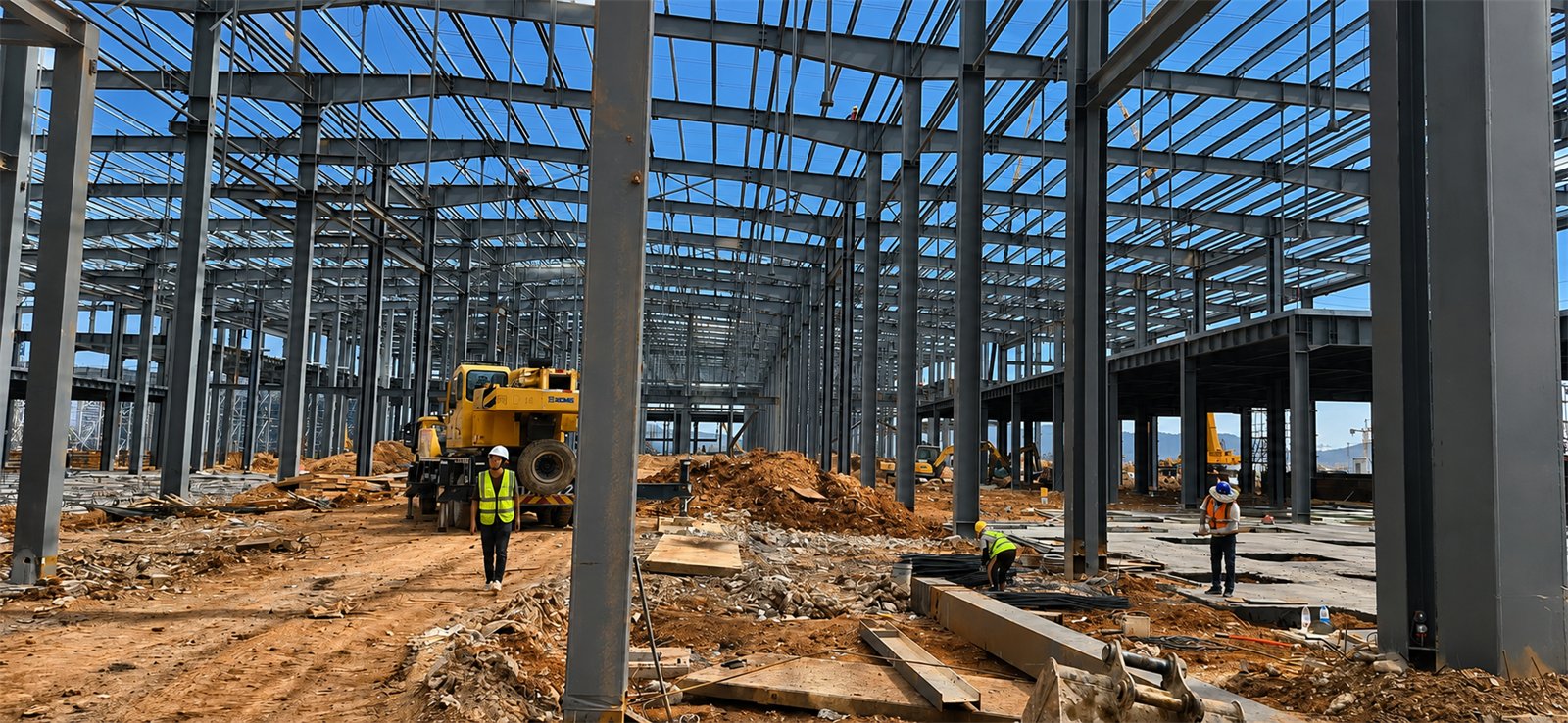 Steel frame assembly progress inside an industrial site