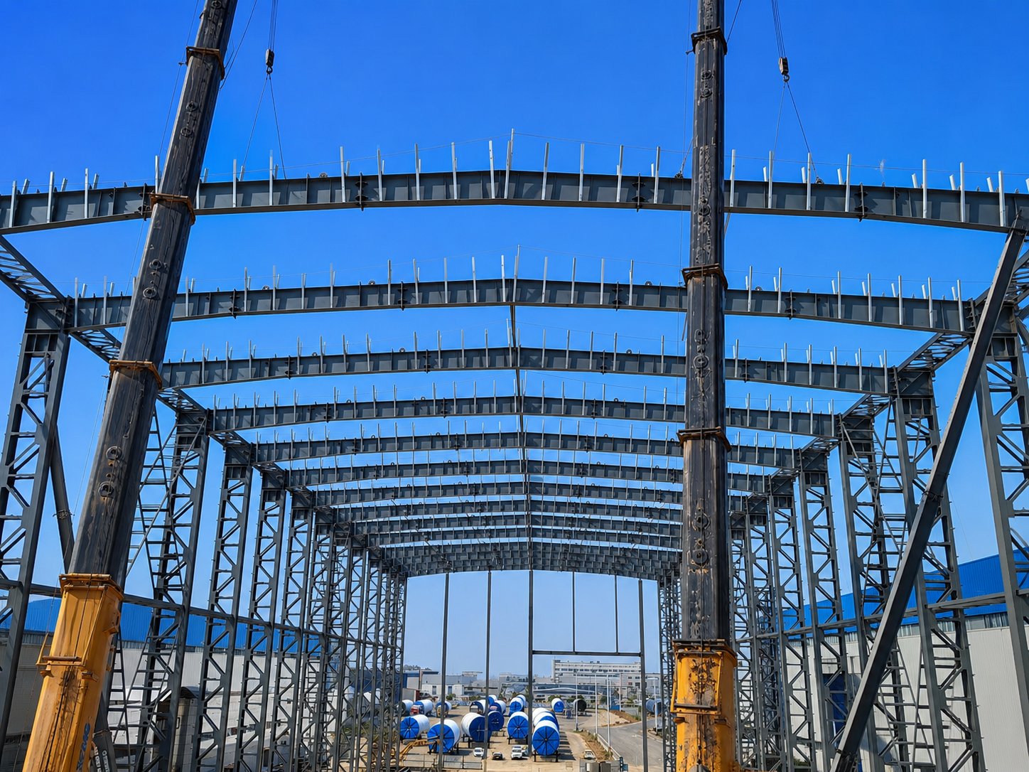 Large-span steel roof frame with cranes